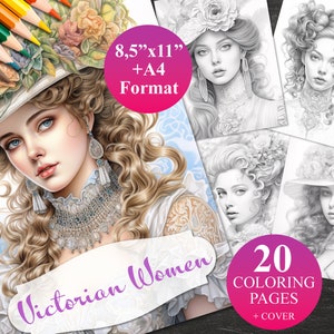 20 Victorian Women Coloring Pages + Cover, Printable Adult Coloring Book, Instant Download Illustration, 2 PDF files 8,5&quot;x11&quot; and A4