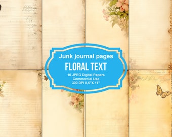 10 Floral Text Junk Journal Printable Pages, Junk Journal Kit, Scrapbook printable, Printable Paper, Digital Collage, Instant Download