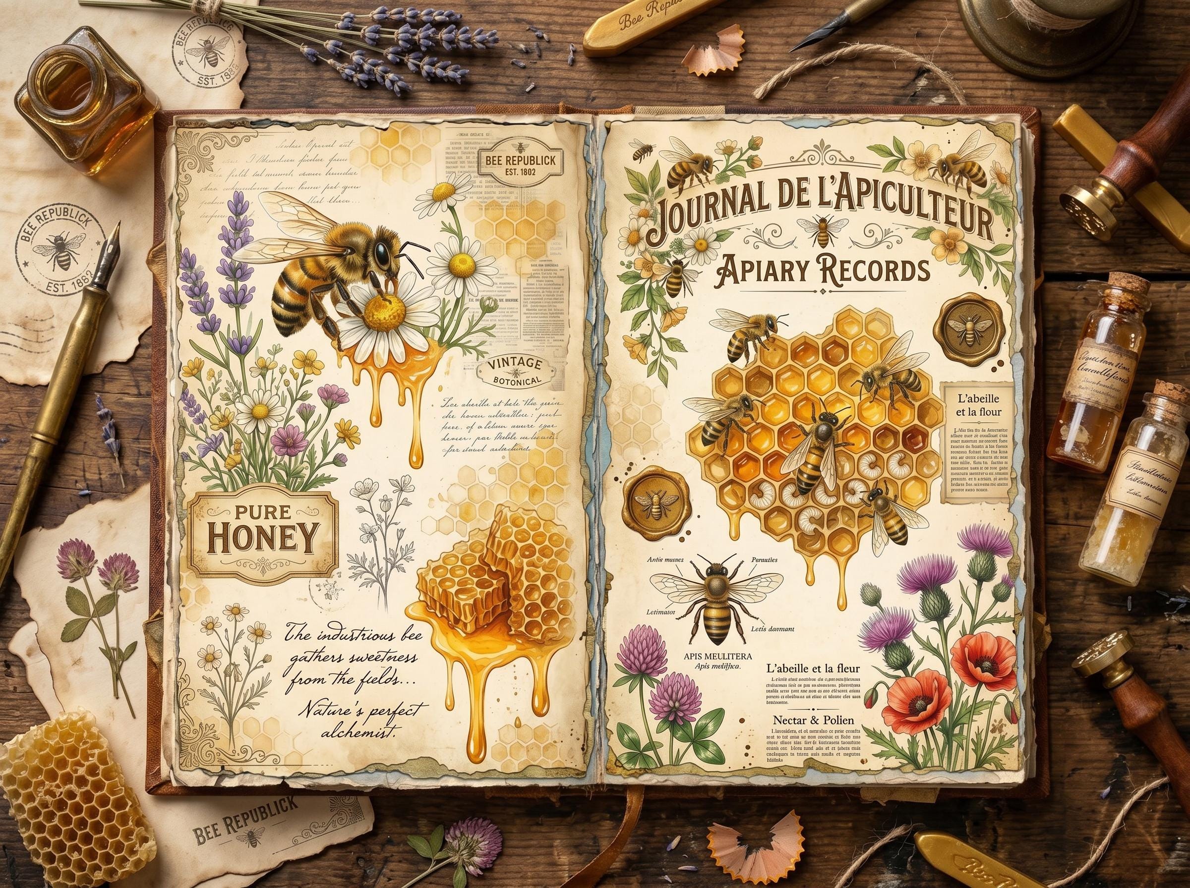 Vintage Bee Junk Journal Pages | Rustic Apiary Double Spread ...
