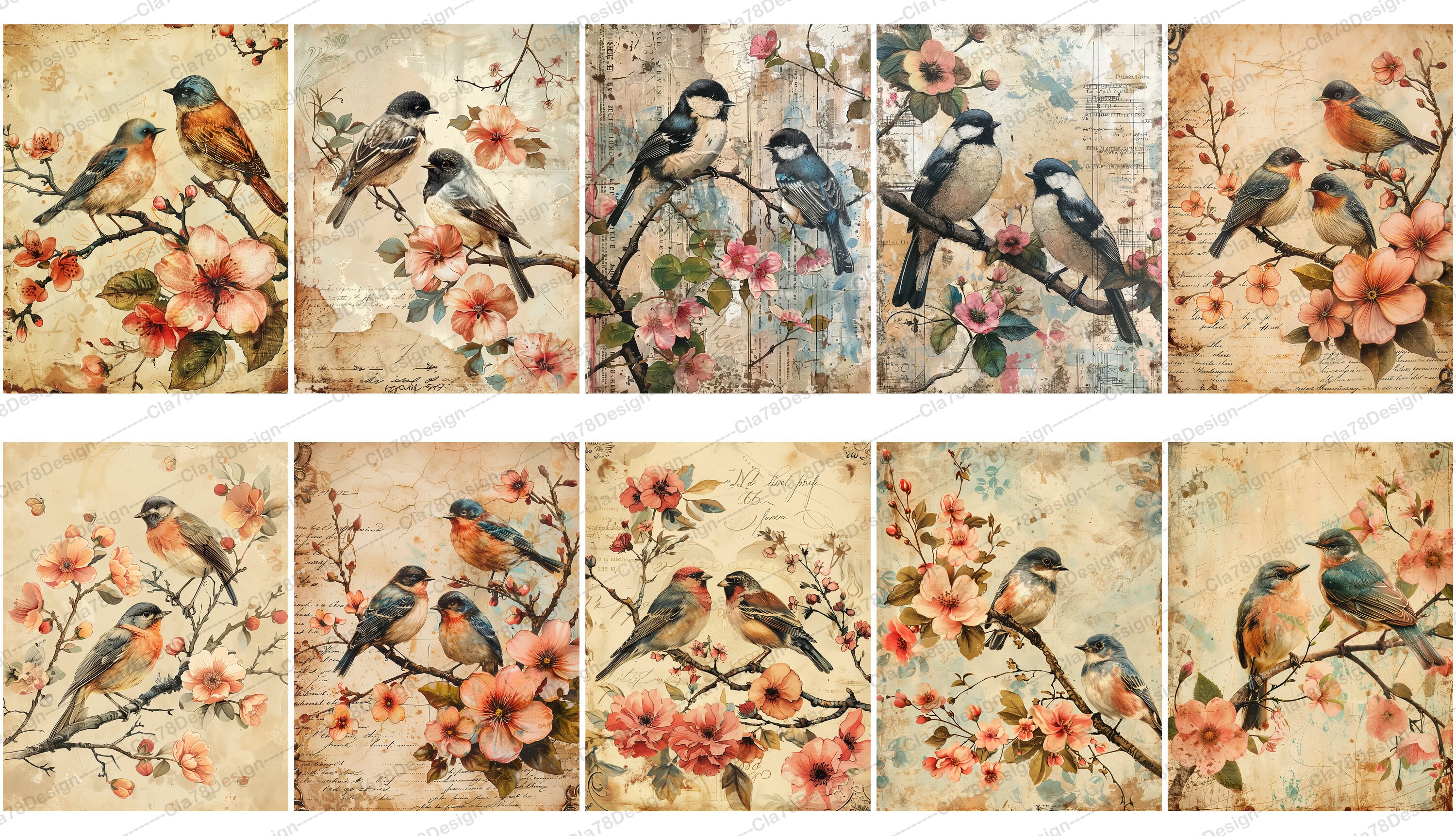 25 Vintage Bird Junk Journal Pages, Digital Floral Scrapbook Paper ...