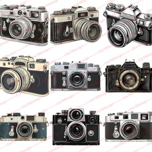 May include: A collection of vintage cameras in various styles and colors, including black, brown, silver, and gold. Some cameras have leather straps and others have a more modern design. All cameras have a lens and a shutter button.