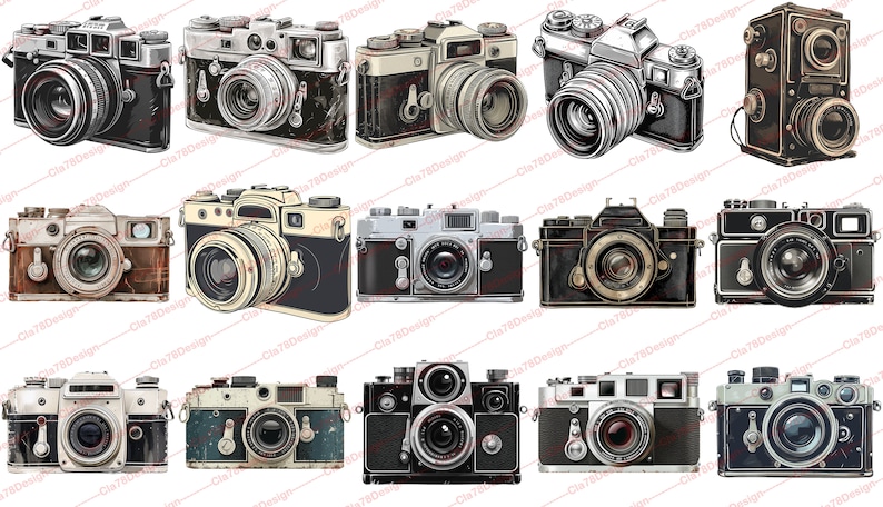 May include: A collection of vintage cameras in various styles and colors, including black, brown, silver, and gold. Some cameras have leather straps and others have a more modern design. All cameras have a lens and a shutter button.