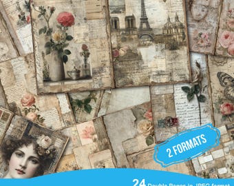 Utskrivbara sidor med Shabby Vintage-skräpjournal, Journalkit, utskrivbara scrapbookingsidor, utskrivbart papper, digitalt collageark, direktnedladdning
