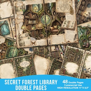 Skräppostdagbokssignaturer från Enchanted Forest Library, Fairycore-uppslag med dubbla sidor, Dark Academia-klippbok, sidor från Forest Fantasy Journal