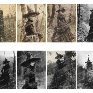 Pode incluir: Uma colagem de oito fotografias vintage que mostram mulheres vestidas de bruxas em diferentes cen&aacute;rios. As mulheres usam longos vestidos pretos e chap&eacute;us pontiagudos. Algumas das fotos s&atilde;o em um ambiente de floresta, enquanto outras s&atilde;o em um ambiente mais urbano. As fotos est&atilde;o todas em preto e branco.