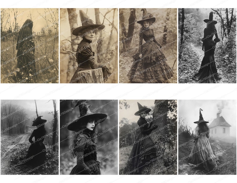 Pode incluir: Uma colagem de oito fotografias vintage que mostram mulheres vestidas de bruxas em diferentes cen&aacute;rios. As mulheres usam longos vestidos pretos e chap&eacute;us pontiagudos. Algumas das fotos s&atilde;o em um ambiente de floresta, enquanto outras s&atilde;o em um ambiente mais urbano. As fotos est&atilde;o todas em preto e branco.