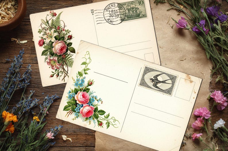 May include: Two vintage postcards with floral illustrations, featuring pink roses and blue flowers. One postcard has a stamp with a ship, the other a stamp with a bird. Dried flowers and herbs surround the postcards on a wooden surface.