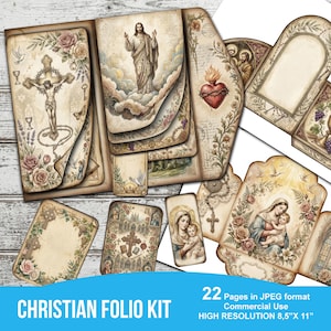 Può includere: Una collezione di elementi del kit di folio cristiano in stile vintage. Il kit include immagini di Gesù, della Vergine Maria, croci e disegni floreali. Il testo "CHRISTIAN FOLIO KIT" è visualizzato in basso, insieme ad altri dettagli.
