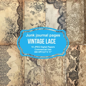 10 vintage Lace Junk Journal afdrukbare pagina's, Junk Journal, afdrukbare scrapbook, afdrukbaar papier, afdrukbaar papier, digitale collage, Instant Download