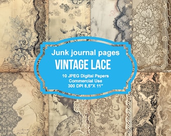 10 Vintage Lace Junk Journal Printable Pages, Junk Journal, Scrapbook printable, Printable Paper, Digital Collage, Instant Download