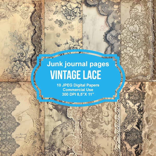 10 Vintage Junk Journal Seiten, Digital Grunge Scrapbook Papier, druckbares Collage Sheet, antikes Papier, beunruhigtes Papier, Ephemera mit Spitze