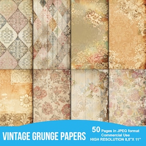 以下が含まれることがあります： 花柄、ひし形、木目など、さまざまなデザインのヴィンテージグランジペーパーのコレクション。紙は、ベージュ、茶色、ピンクなどの色あせた色で、使い古された、古くなった外観をしています。「VINTAGE GRUNGE PAPERS」というテキストが一番下に表示されています。