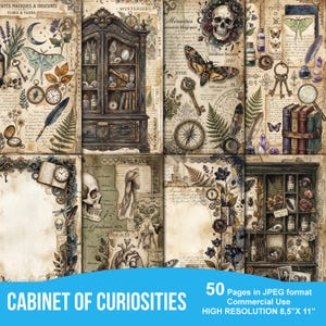 Peut inclure: Un collage de pages de style vintage avec des illustrations botaniques, des clés antiques, des boussoles et un crâne. Le texte "Cabinet of Curiosities" est en bas. Les pages mesurent 21,59 cm x 27,94 cm.