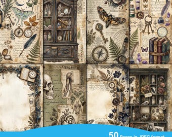 Cabinet of Curiosities Digital Paper, Gothic Junk Journal Pages, Apothecary Ephemera, Witchy Printables, Natural History Scrapbook