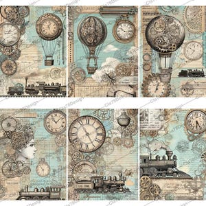 May include: Twelve digital collage sheets featuring vintage steampunk designs with airships, clocks, trains, and gears. The background is a light blue with a distressed paper texture.
