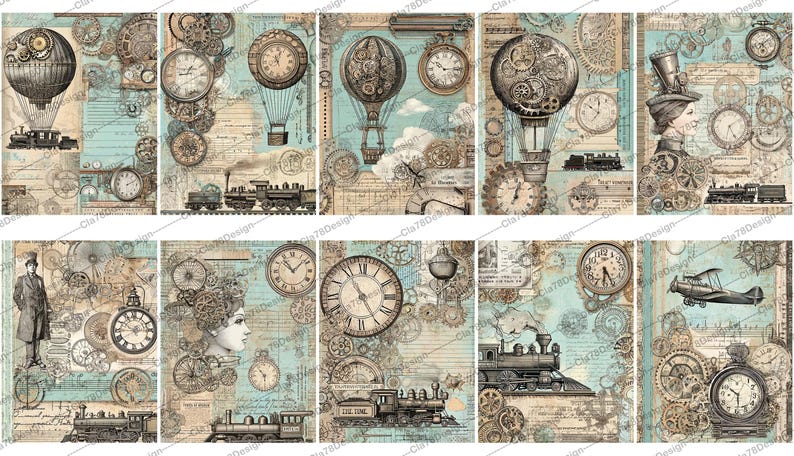 May include: Twelve digital collage sheets featuring vintage steampunk designs with airships, clocks, trains, and gears. The background is a light blue with a distressed paper texture.