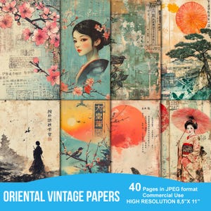 Pages vintage pour ordures ménagères orientales, papier de scrapbooking numérique, éphémères orientaux, feuille de collage imprimable, fond asiatique, estampes orientales