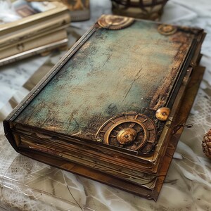 K&ouml;nnte beinhalten: Ein Vintage-Style, ledergebundenes Tagebuch mit einem abgenutzten, blaugr&uuml;nen Umschlag. Der Umschlag zeigt komplizierte Metallgetriebe und eine Kompassrose in Messingfarbe. Das Tagebuch ist geschlossen und liegt auf einem Tisch.