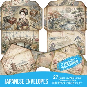 May include: A collection of Japanese-themed envelopes and backgrounds. The envelopes feature illustrations of geishas, landscapes with pagodas, bridges, and cherry blossoms. The text "JAPANESE ENVELOPES" is displayed in a blue banner. The set includes 17 envelopes and 10 backgrounds.