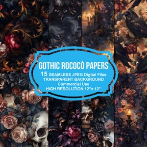 May include: A digital paper pack with 15 seamless gothic rococo designs. The designs feature skulls, flowers, and ravens in a dark, romantic style. Each design is 12 inches by 12 inches and is high resolution.