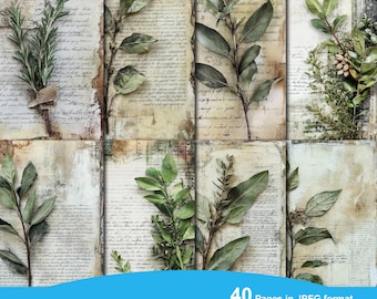 Botanical Green Junk Journal Printable Pages, Junk Journal Kit, Scrapbook printable, Printable Paper, Digital Collage, Instant Download