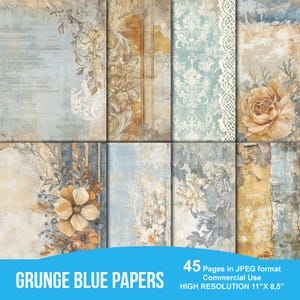 Blauwe collage ongewenste dagboek Kit marine digitale papier textuur grunge vellen scrapbooking vintage ephemera shabby pagina's dagboek Instant Download