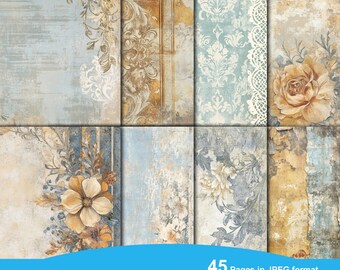 Zestaw dziennika Blue Collage Junk Journal w kolorze granatowym, tekstura papieru cyfrowego, arkusze grunge, scrapbooking, vintage, efemerydy, zniszczone strony, dziennik do pobrania natychmiast