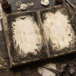 May include: An open, antique-style book with ornate, botanical-themed borders. The pages are aged and stained, with illustrations of foxes, owls, and moths. A quill, inkwell, and vintage scissors are nearby, suggesting a theme of writing and nature.