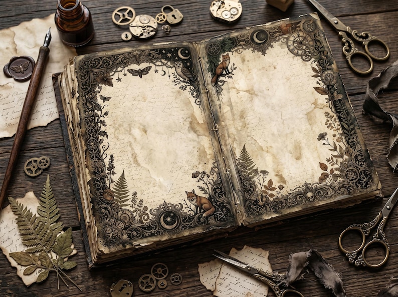 May include: An open, antique-style book with ornate, botanical-themed borders. The pages are aged and stained, with illustrations of foxes, owls, and moths. A quill, inkwell, and vintage scissors are nearby, suggesting a theme of writing and nature.