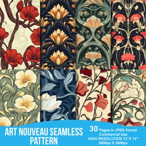 Può includere: Un set di 30 motivi digitali senza cuciture in formato JPEG, con disegni floreali in stile Art Nouveau. I motivi sono ad alta risoluzione, misurano 30,5 cm per 30,5 cm, o 3600 pixel per 3600 pixel.