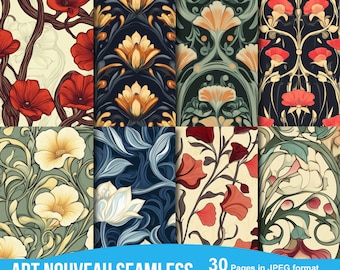 May include: A set of 30 digital seamless patterns in JPEG format, featuring Art Nouveau style floral designs. The patterns are high resolution, measuring 12 inches by 12 inches, or 3600 pixels by 3600 pixels.