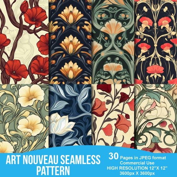 Art Nouveau Floral Seamless Patterns, Vintage Digital Papers, Commercial Use, Art Nouveau Flowers, Instant Download, Seamless Flower