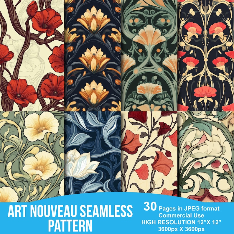 May include: A set of 30 digital seamless patterns in JPEG format, featuring Art Nouveau style floral designs. The patterns are high resolution, measuring 12 inches by 12 inches, or 3600 pixels by 3600 pixels.