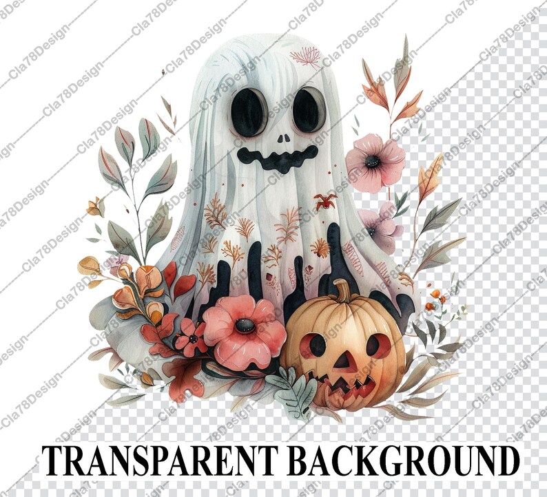 Watercolor Cute Ghost Clipart, 40 PNG Halloween Clipart Bundle, Cute ...