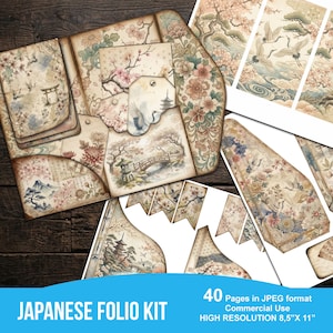 Può includere: Una collezione di pagine di kit di folio giapponesi in stile vintage con illustrazioni di fiori di ciliegio, pagode e gru. Il kit include pagine, etichette e banner di varie dimensioni e forme. Il testo "JAPANESE FOLIO KIT" è visualizzato in un banner blu.