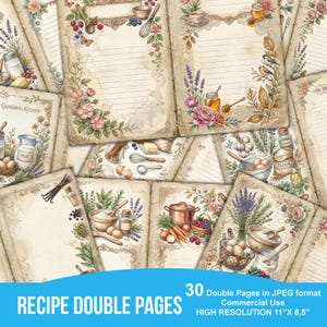 Fogli doppi per ricette vintage, kit per junk journal, modello di libro di cucina stampabile, elementi decorativi shabby chic per la cucina, set di ricette preferite dalla famiglia
