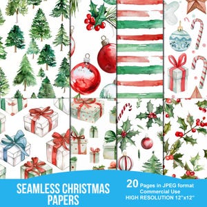 Seamless Watercolor Christmas Digital Paper, Seamless Printable Scrapbook Paper, Instant Download, Commercial Use