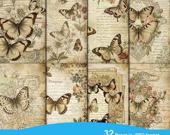 Vintage Butterfly Digital Paper, Botanical Junk Journal Pages, Grunge Sepia Scrapbook Background, Shabby Chic Ephemera, Printable Collage
