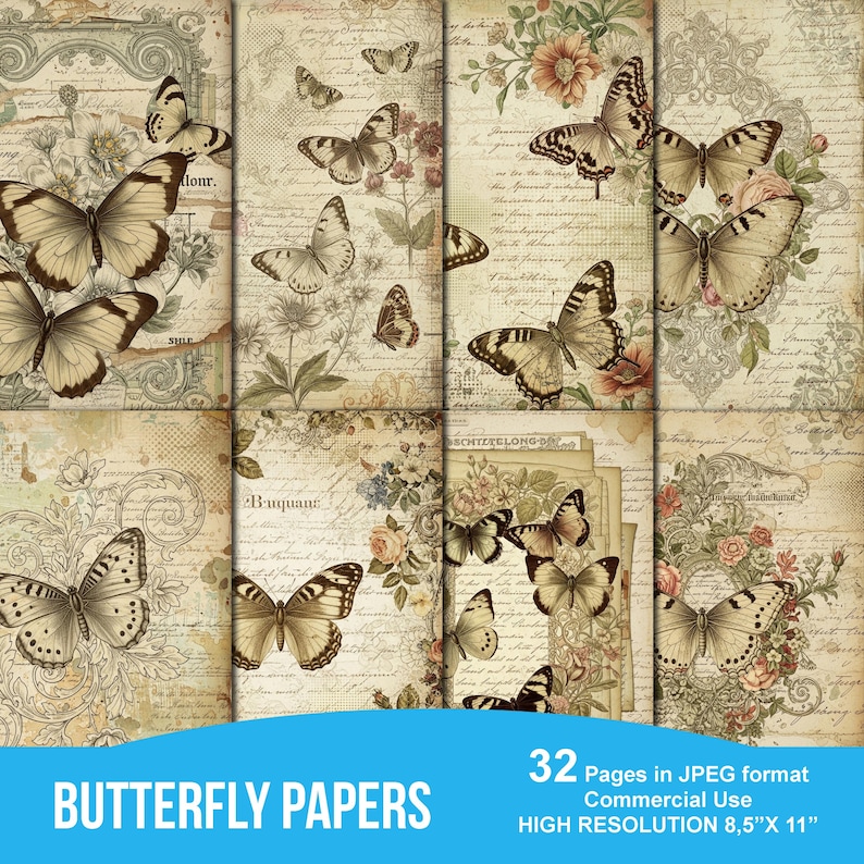Vintage Butterfly Digital Paper, Botanical Junk Journal Pages, Grunge ...