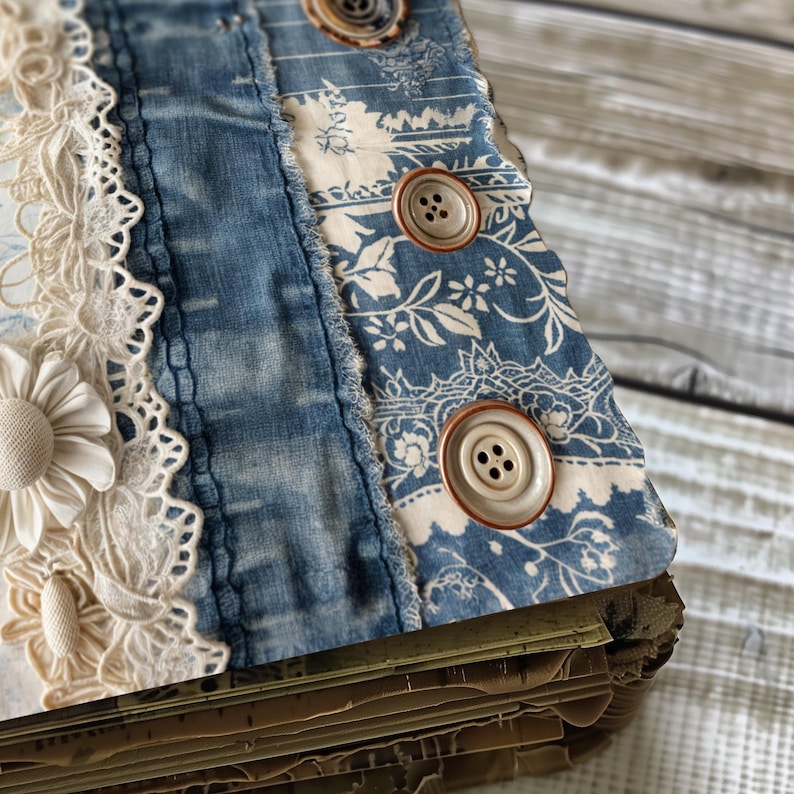 May include: A handmade journal with a blue and white fabric cover. The cover is decorated with lace, denim, and buttons. The journal is closed and has a stack of pages inside.
