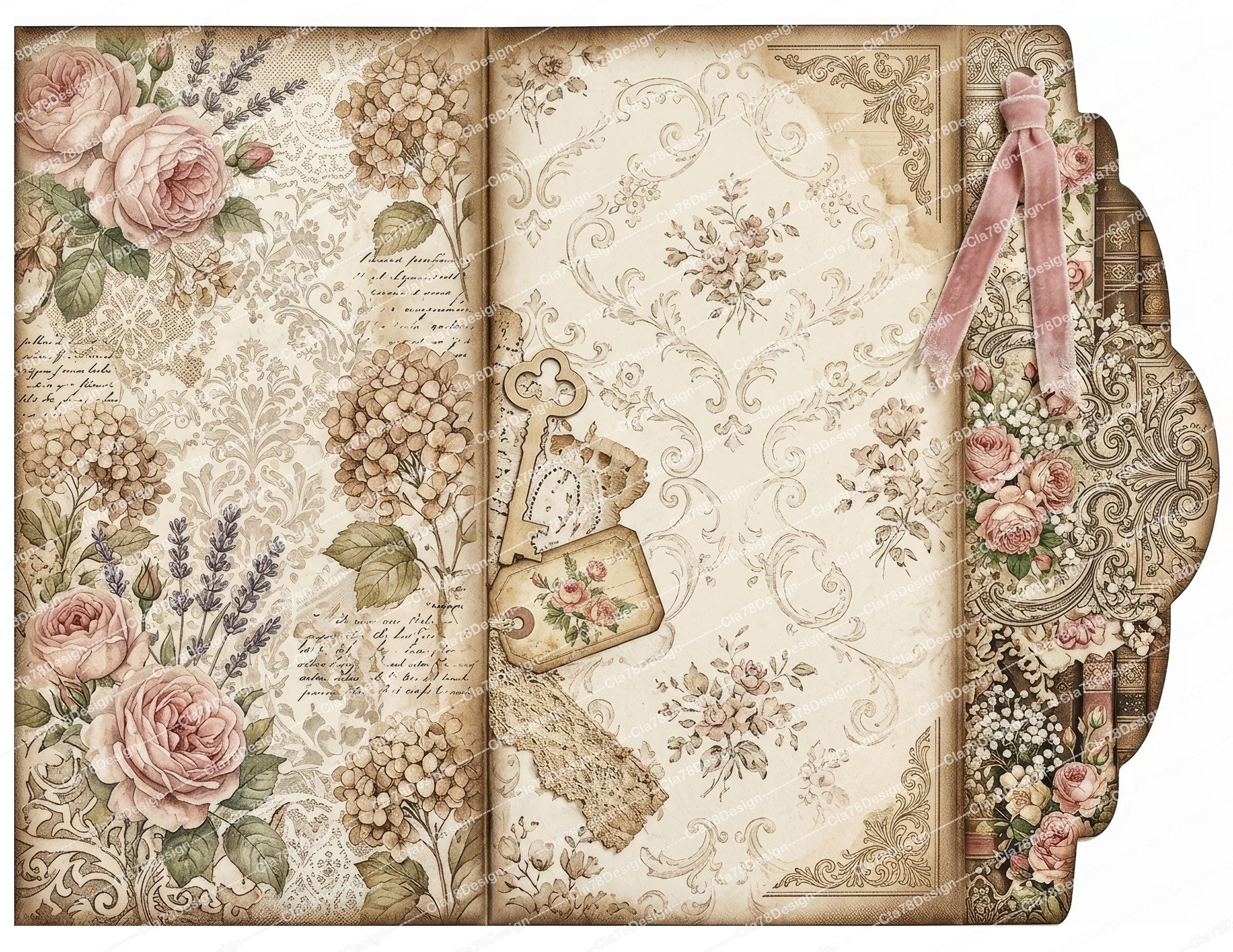 Vintage Floral Pocket Folio Kit, Shabby Chic Junk Journal Ephemera ...