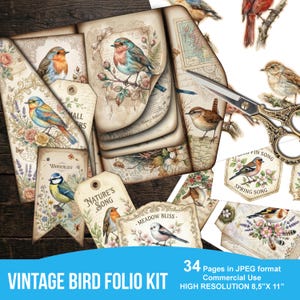 May include: A collection of vintage-style bird-themed ephemera, including tags, journal pages, and decorative elements. The designs feature watercolor illustrations of various birds, flowers, and botanical elements. The text "VINTAGE BIRD FOLIO KIT" is visible.