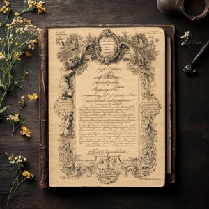 May include: An antique document with ornate calligraphy and decorative border. The aged paper is set within a leather-bound book, with floral accents and a dark wooden background. The document features detailed script.