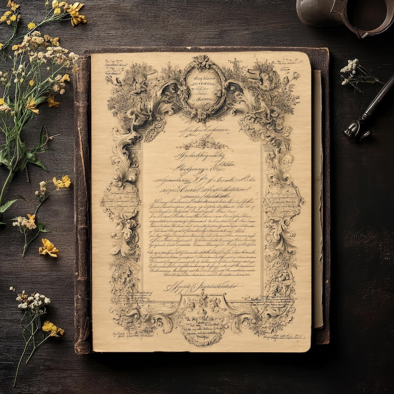 May include: An antique document with ornate calligraphy and decorative border. The aged paper is set within a leather-bound book, with floral accents and a dark wooden background. The document features detailed script.