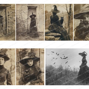Pode incluir: Uma cole&ccedil;&atilde;o de fotografias vintage em preto e branco com mulheres vestidas de bruxas com gatos pretos. As imagens s&atilde;o ambientadas em v&aacute;rios locais, incluindo uma floresta, um campo e uma casa.