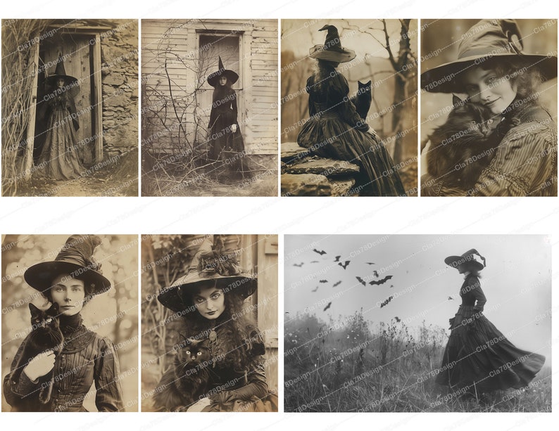 Pode incluir: Uma cole&ccedil;&atilde;o de fotografias vintage em preto e branco com mulheres vestidas de bruxas com gatos pretos. As imagens s&atilde;o ambientadas em v&aacute;rios locais, incluindo uma floresta, um campo e uma casa.