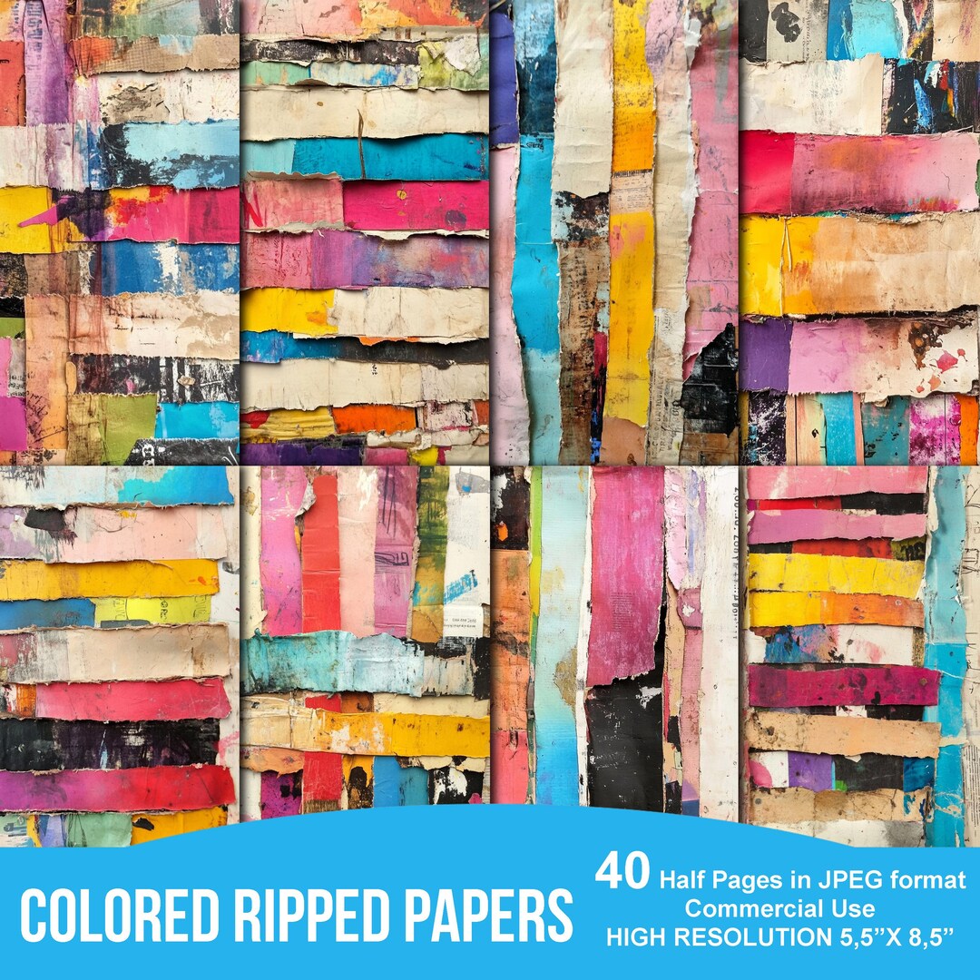 Rustic Rainbow Colored Torn Ripped Half Paper Collage Printable Junk ...