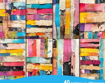 May include: 40 digital paper textures in JPEG format. The papers are ripped and layered, creating a colorful abstract collage. The papers are in various shades of red, yellow, blue, green, pink, and purple. The papers are high resolution and measure 5.5 inches by 8.5 inches.