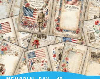 Memorial Day Double Pages, Patriotic Junk Journal Inserts, 4th of July Scrapbook Spread, Vintage USA Journal Cards, Veterans Day Printables