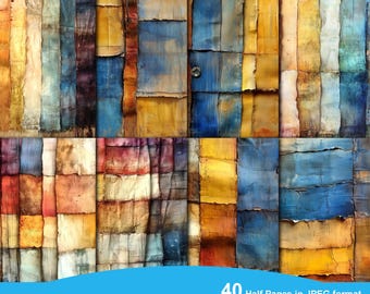 May include: 40 digital paper textures in JPEG format. The papers are ripped and have a variety of colors, including blue, yellow, orange, red, and brown. The papers are high resolution and measure 5.5 inches by 8.5 inches.